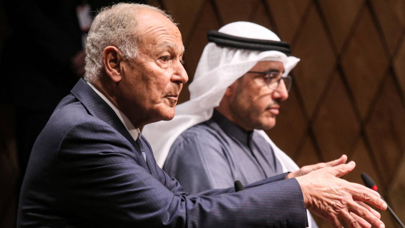 Arab League Secretary General Ahmed Aboul Gheit (L) gives a statement during a meeting of the foreign ministers of the Arab League states in Kuwait City on 30 January 2022.