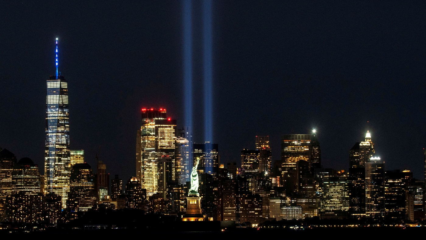 The Tribute in Light shines in downtown Manhattan to commemorate the 19th anniversary of the 9/11 attacks on 11 September 2020