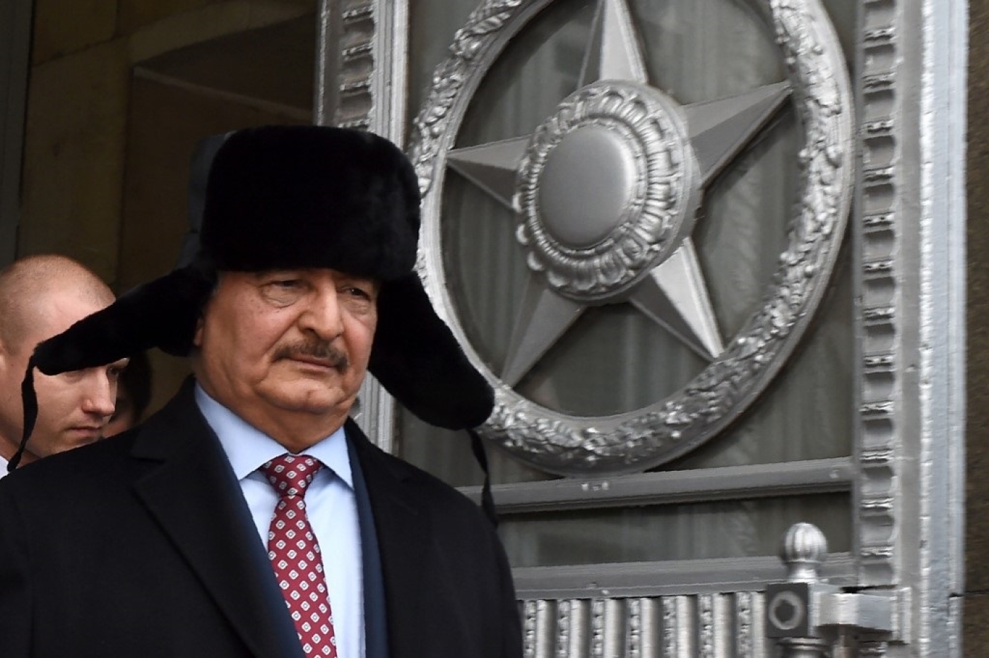 Khalifa Haftar leaves Russia's foreign ministry after a meeting in Moscow in 2016 (AFP)