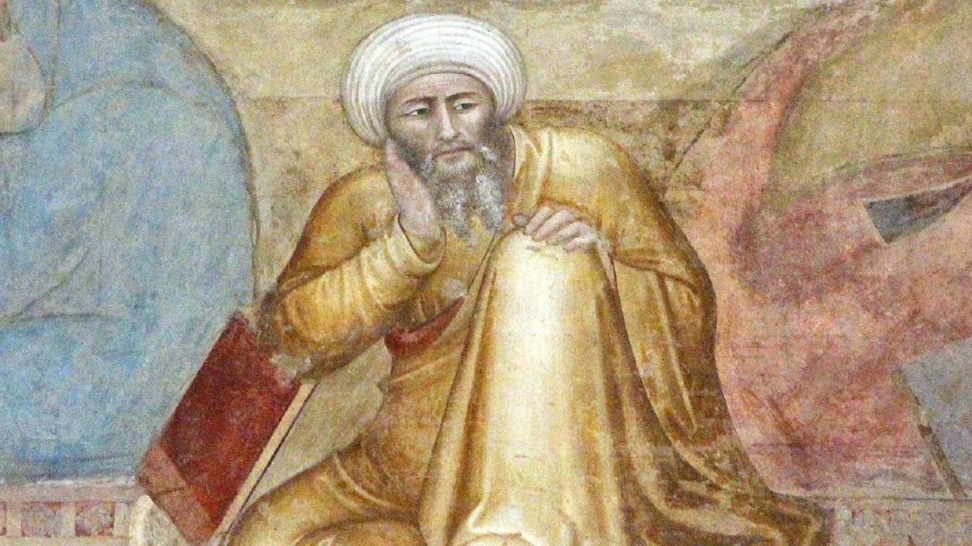 Peinture d’Ibn Rochd par l’artiste florentin Andrea di Bonaiuto au XIVe siècle (Wikimedia)
