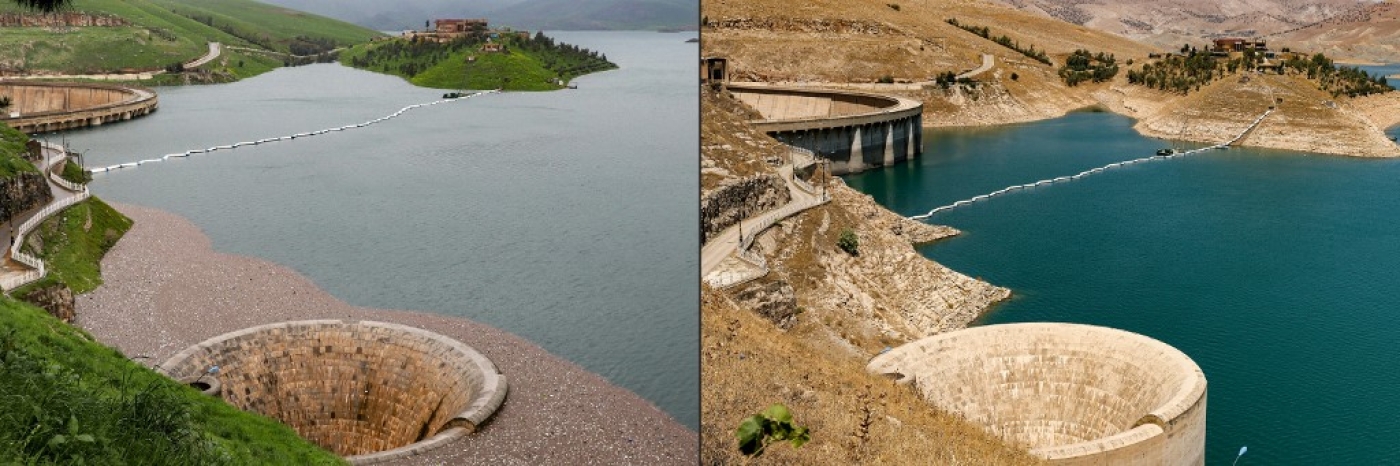 Deux images du barrage de Dukan, le 2 avril 2019 à gauche, et le 2 juillet 2022 à droite (AFP/Ahmad Al-Rubaye/Shwan Mohammed)