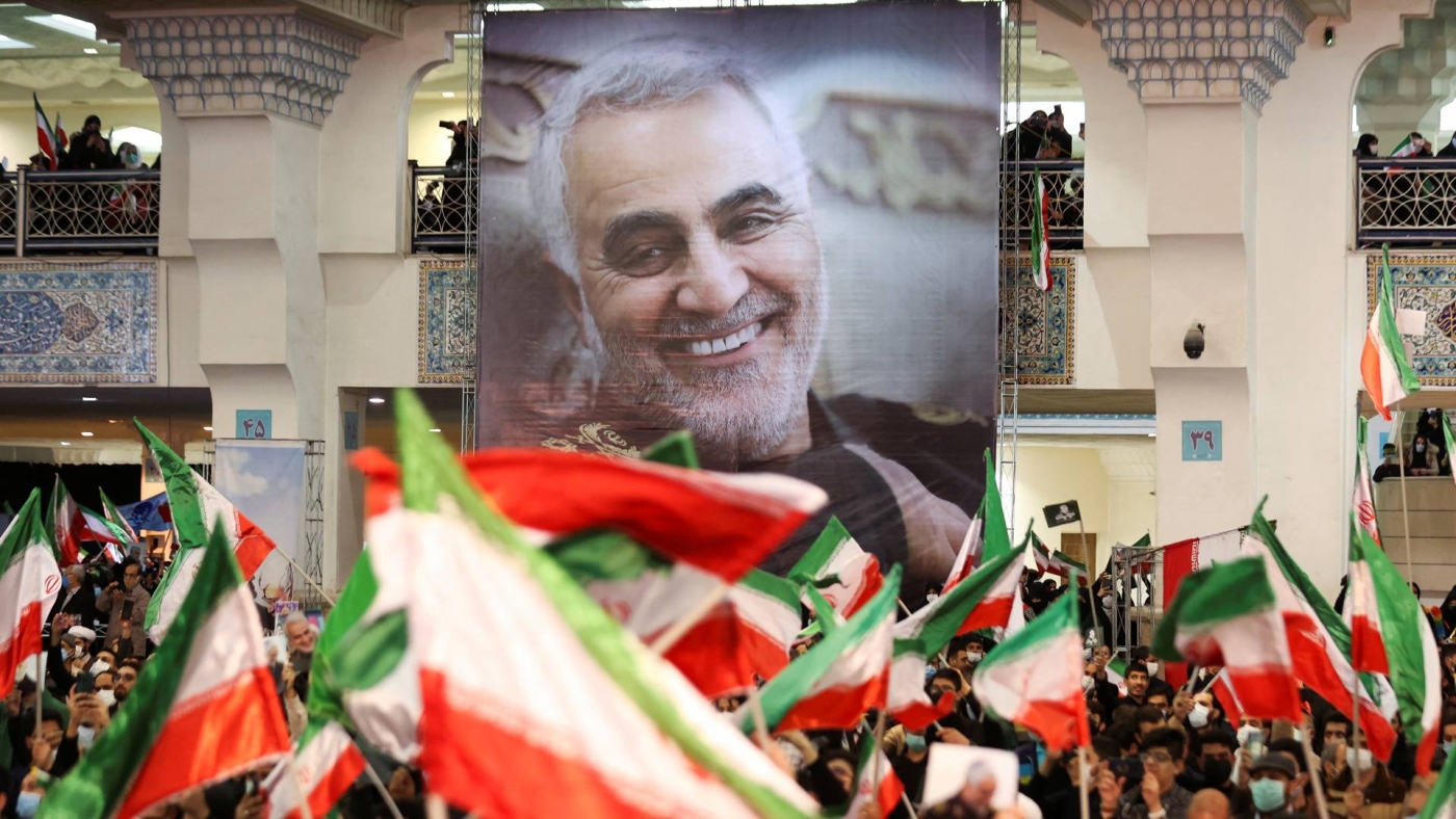 A banner of Qassem Soleimani, is seen during a ceremony in Tehran to mark the second anniversary of the killing of Iranian General Qassem Soleimani on 3 January 2022