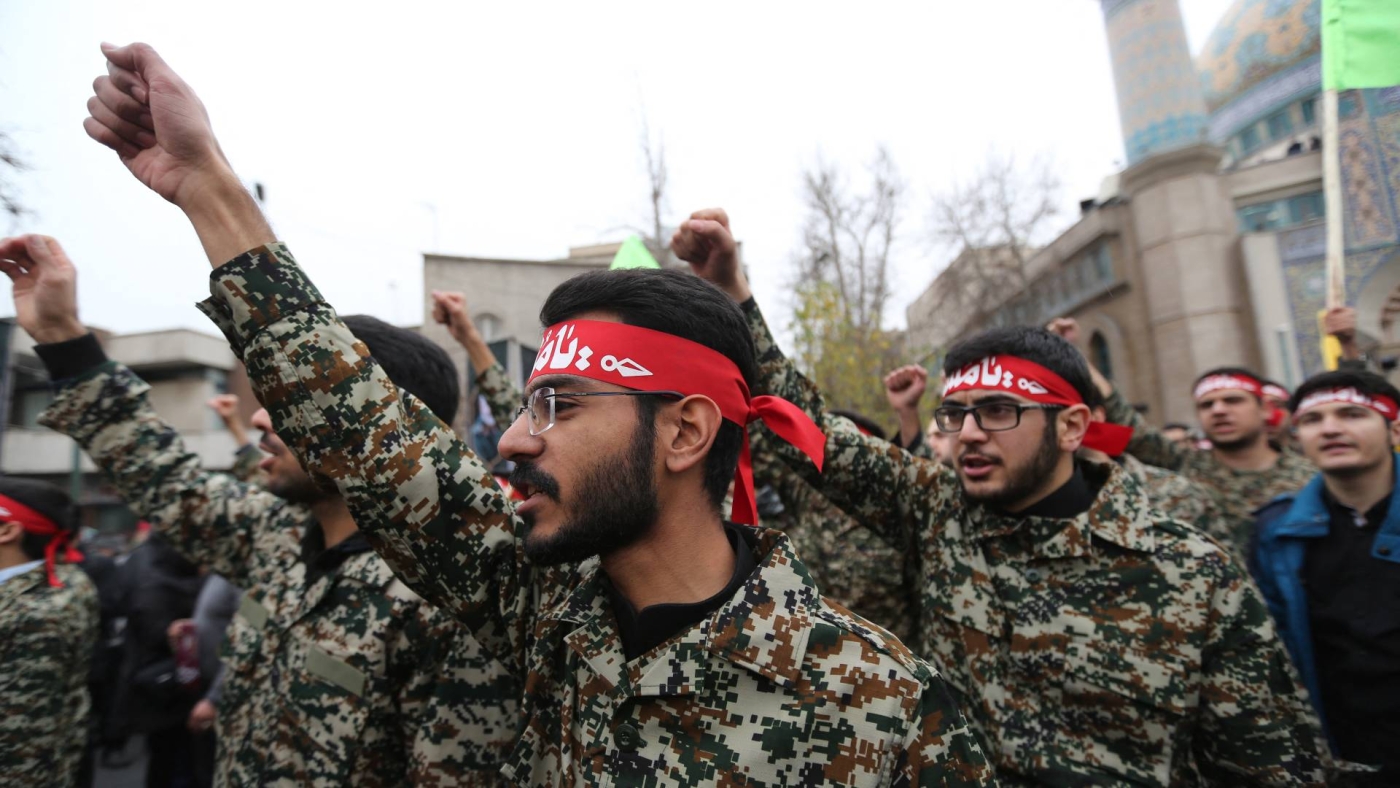 Iranian revolutionary guards protest the US killings of Iranian military commander Qasem Soleimani and Iraqi paramilitary chief Abu Mahdi al-Muhandis in the capital Tehran on 4 January 2020.