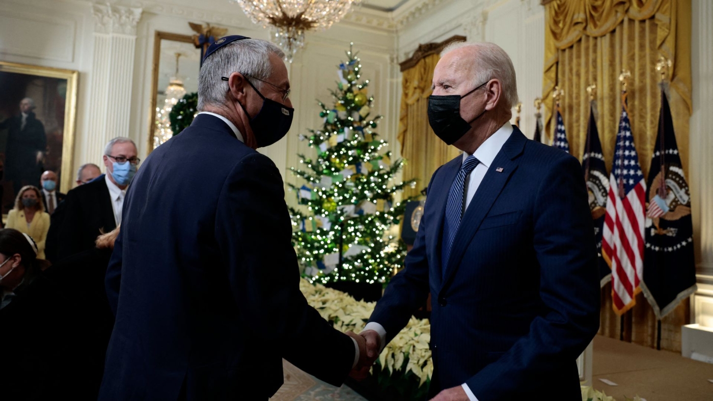 US President Joe Biden shakes hands with Israel's ambassador to the US Michael Herzog during a Hanukkah celebration at the White House on 1 December 2021.