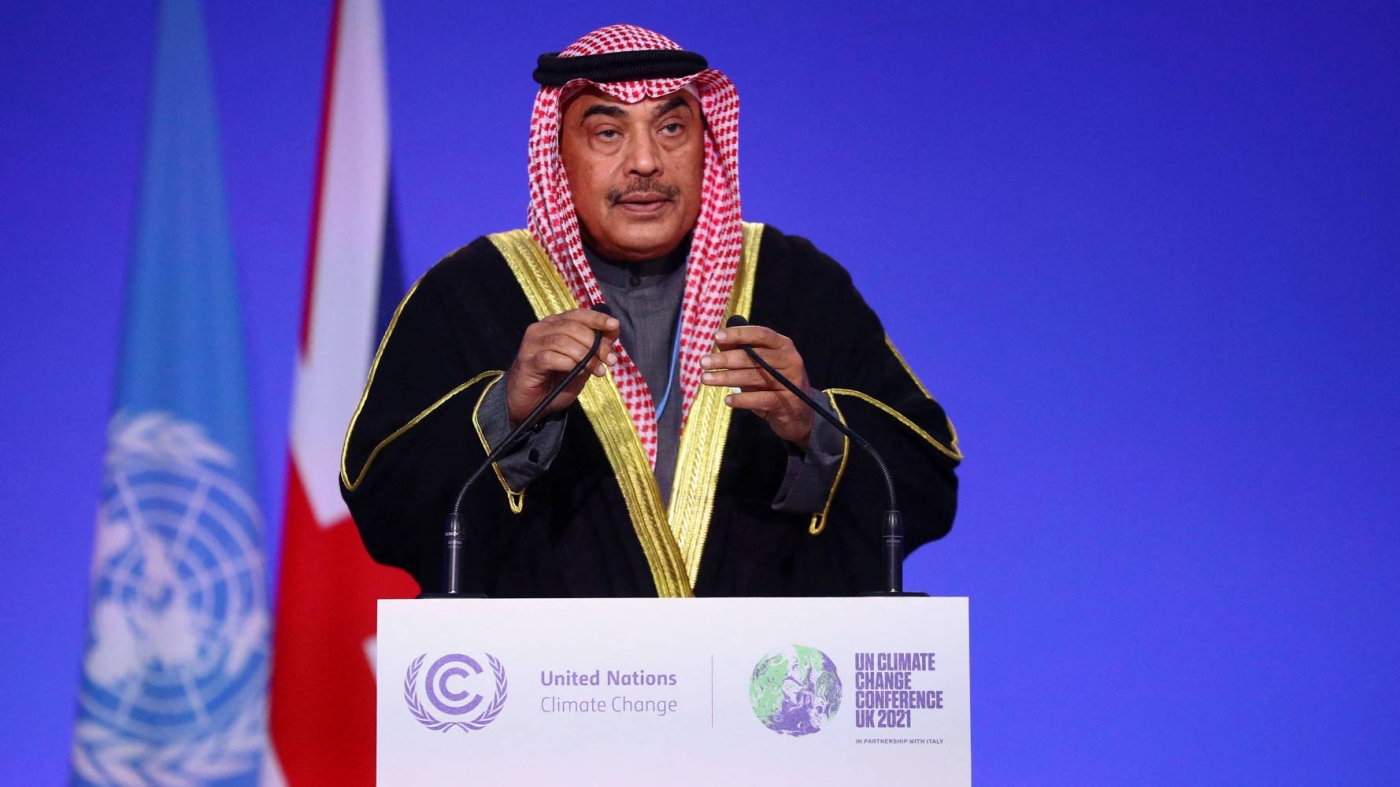 Kuwait's Prime Minister Sheikh Sabah al-Khalid speaks on the second day of the UN Climate Summit in Glasgow on 2 November 2021.