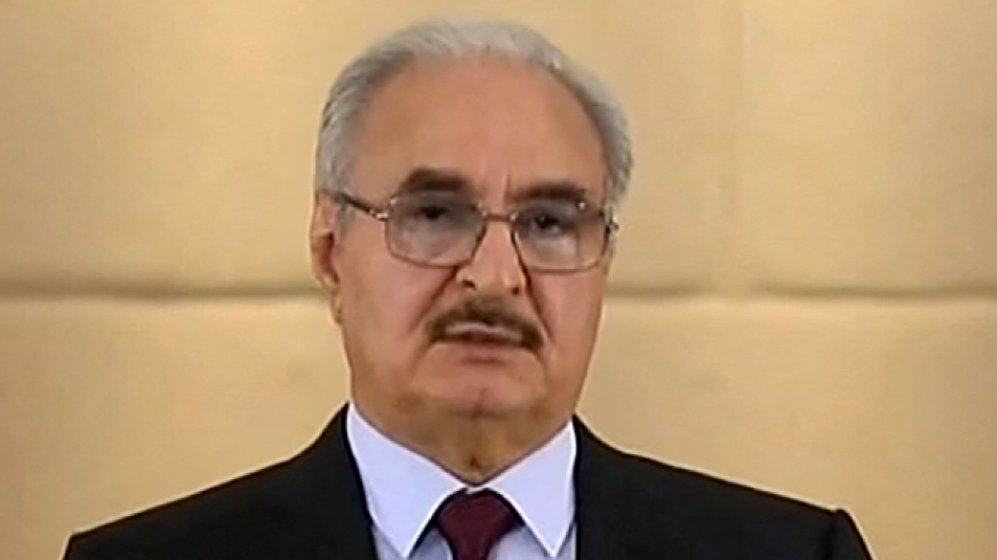 An image grab from Libya Alhadath TV on 16 November 2021, shows Khalifa Haftar announcing his candidacy for the country's presidential election during a televised speech.