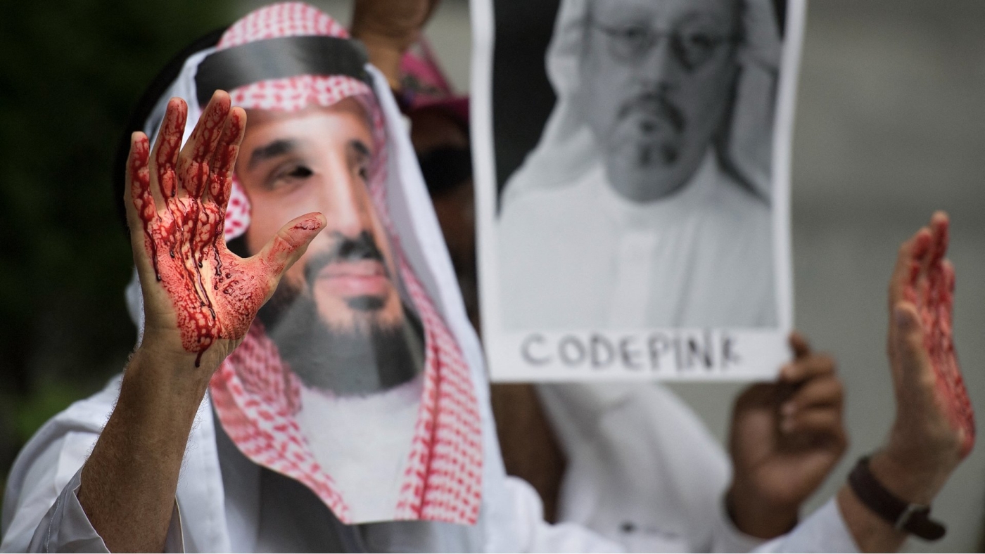 A demonstrator dressed as Saudi Crown Prince Mohammed bin Salman with blood on his hands protests outside the Saudi Embassy in Washington on 8 October 2018.