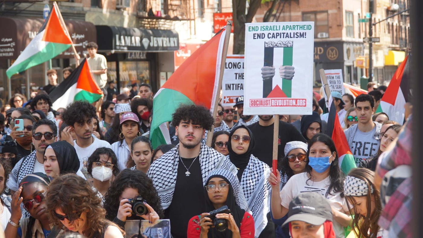 Protesters gather in Brooklyn to commemorate the anniversary of the Nakba on 15 May 2022.