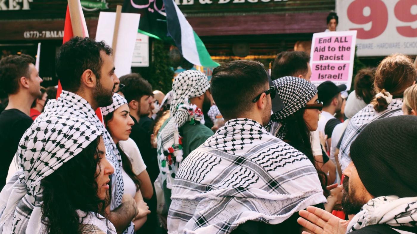 Pro-Palestinian supporters attend a protest in Brooklyn, New York to commemorate the 74th anniversary of the Nakba on 15 May 2022.