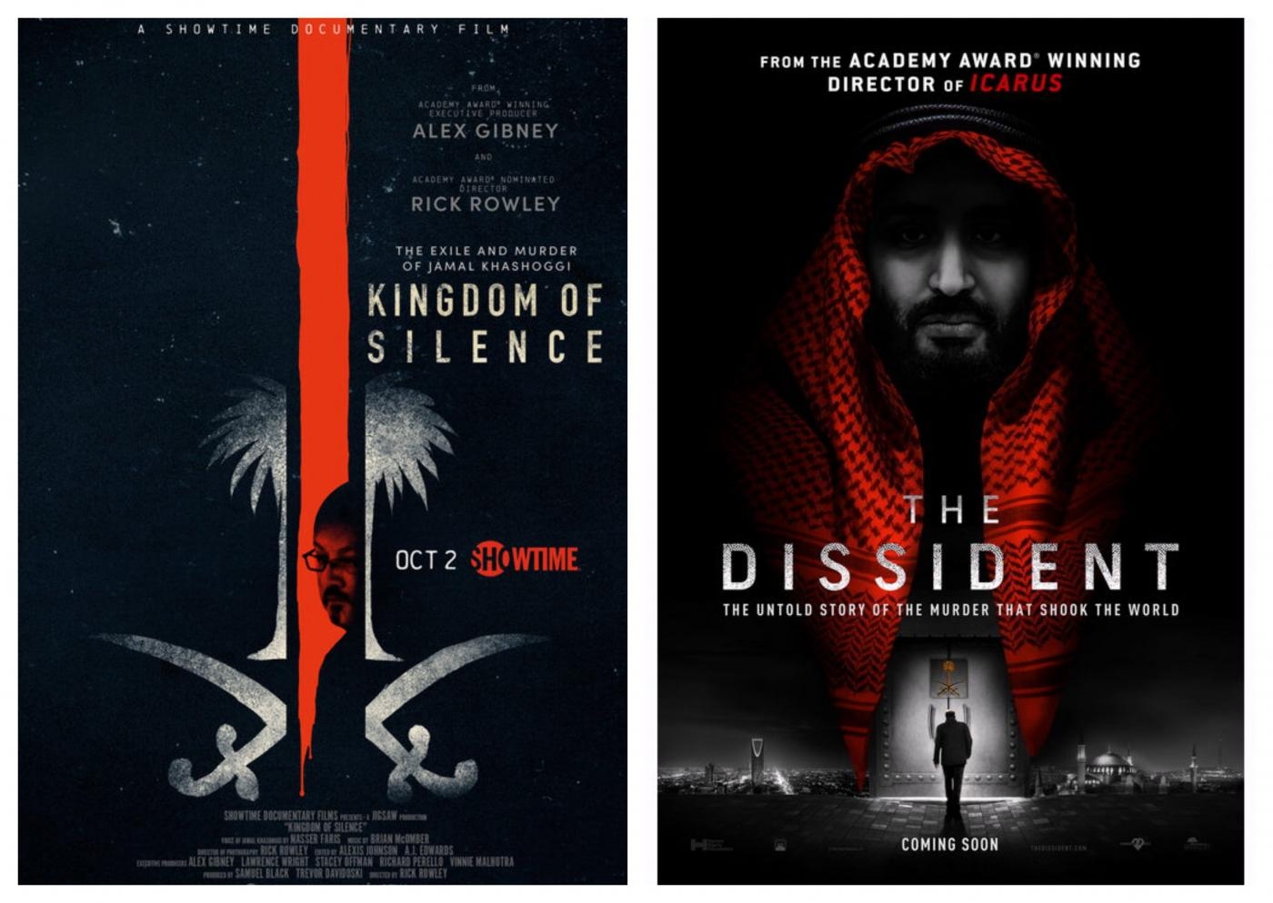 Le marketing développé pour les deux documentaires, Kingdom of Silence et The Dissident, utilisent des palettes similaires mais ont des approches différentes (Showtime ; Briarcliff/Hanway)