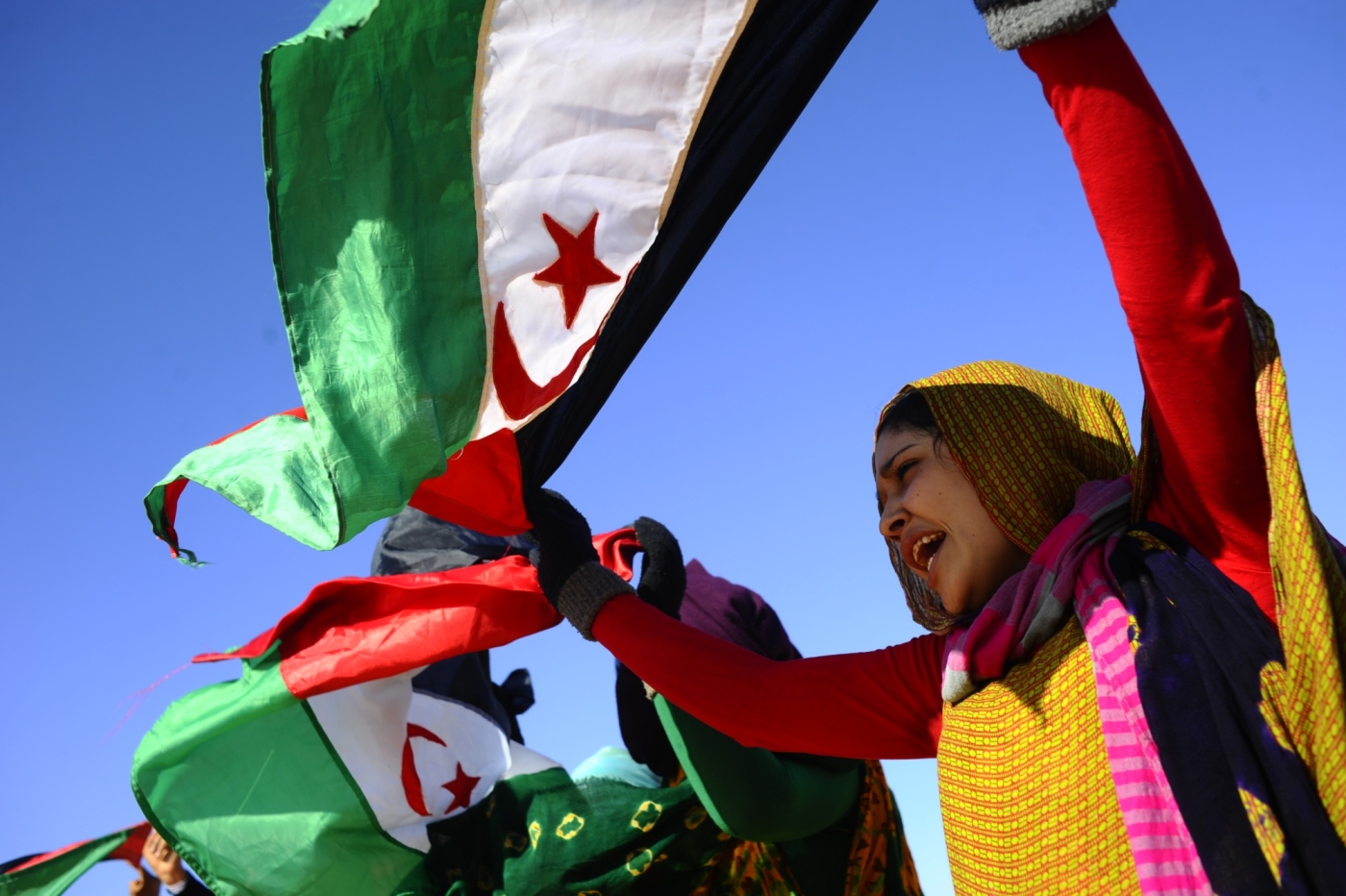 A Sahrawi woman protests in Western Sahara in 2014 (MEE/Oscar Rickett)