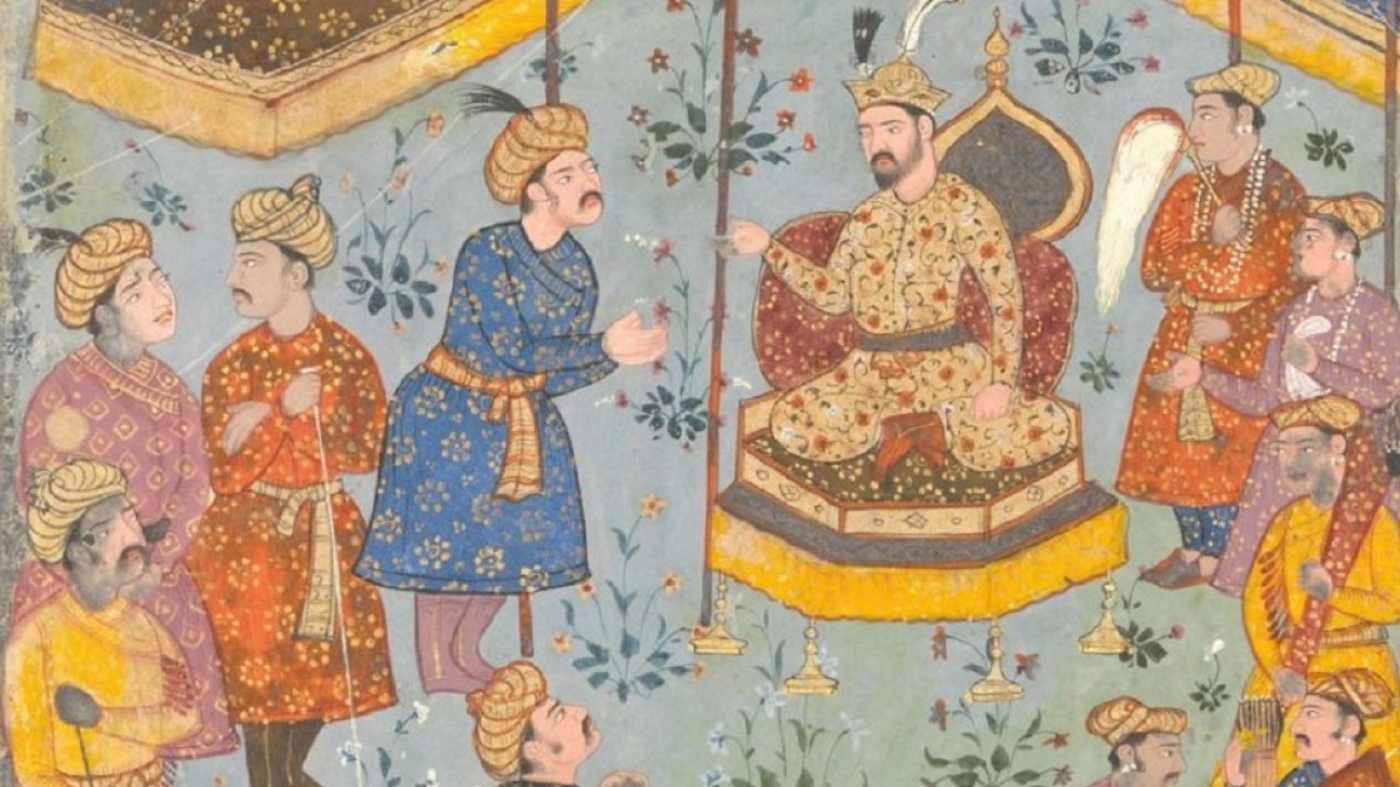 A Mughal prince (seated) receives a Persian delegation in this 17th century Indian miniature (Public domain)
