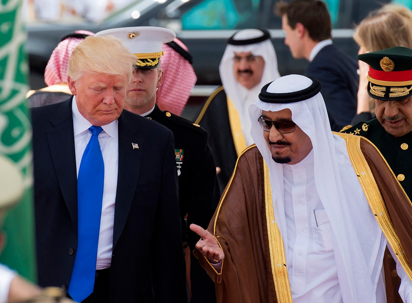 US President Donald Trump and Saudi King Salman bin Abdulaziz al-Saud take part in an arrival ceremony at the Saudi Royal Court in Riyadh on 20 May 2017.