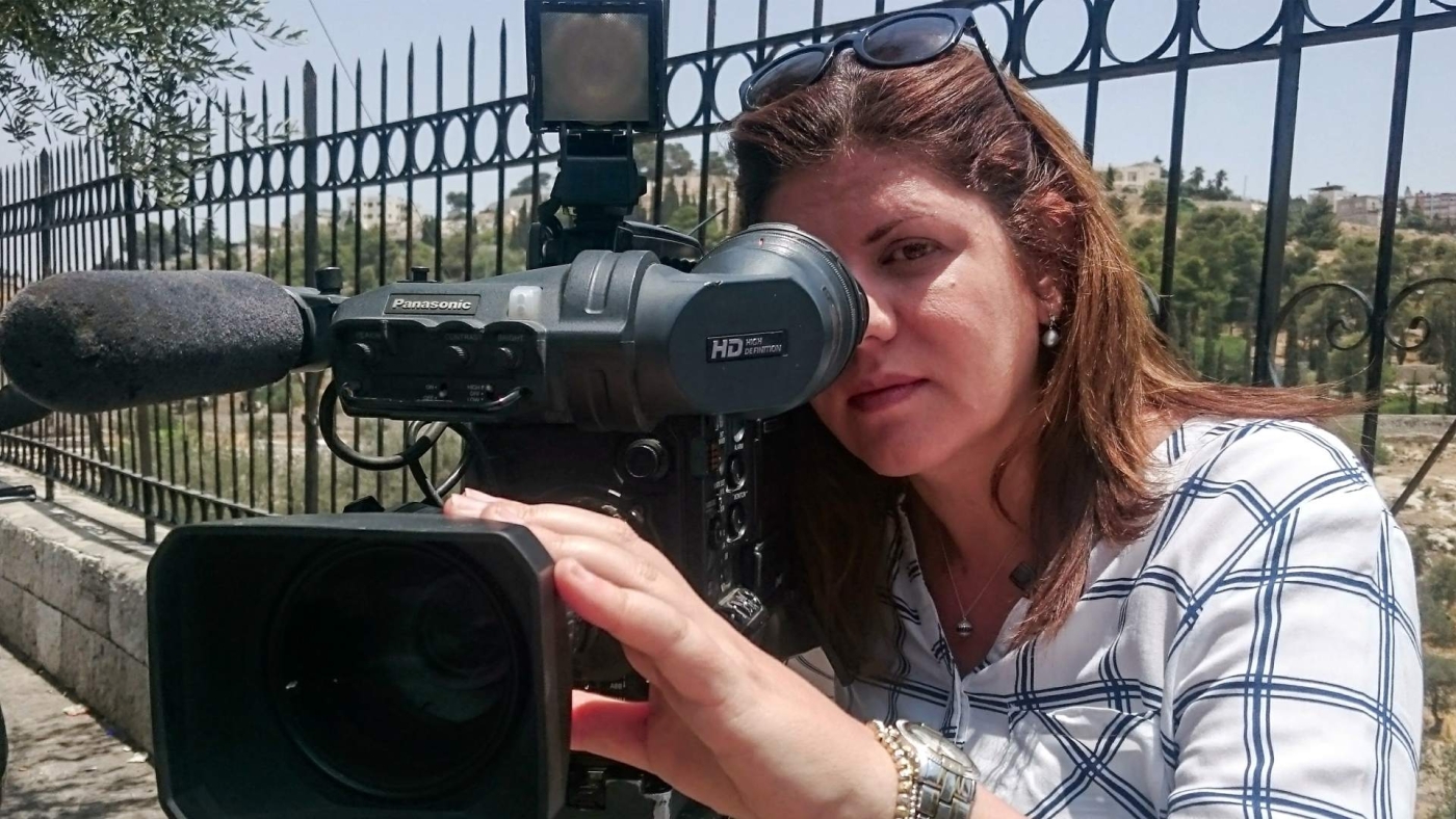 Shireen Abu Akleh reporting for the Al Jazeera news channel from Jerusalem on 22 July 2017