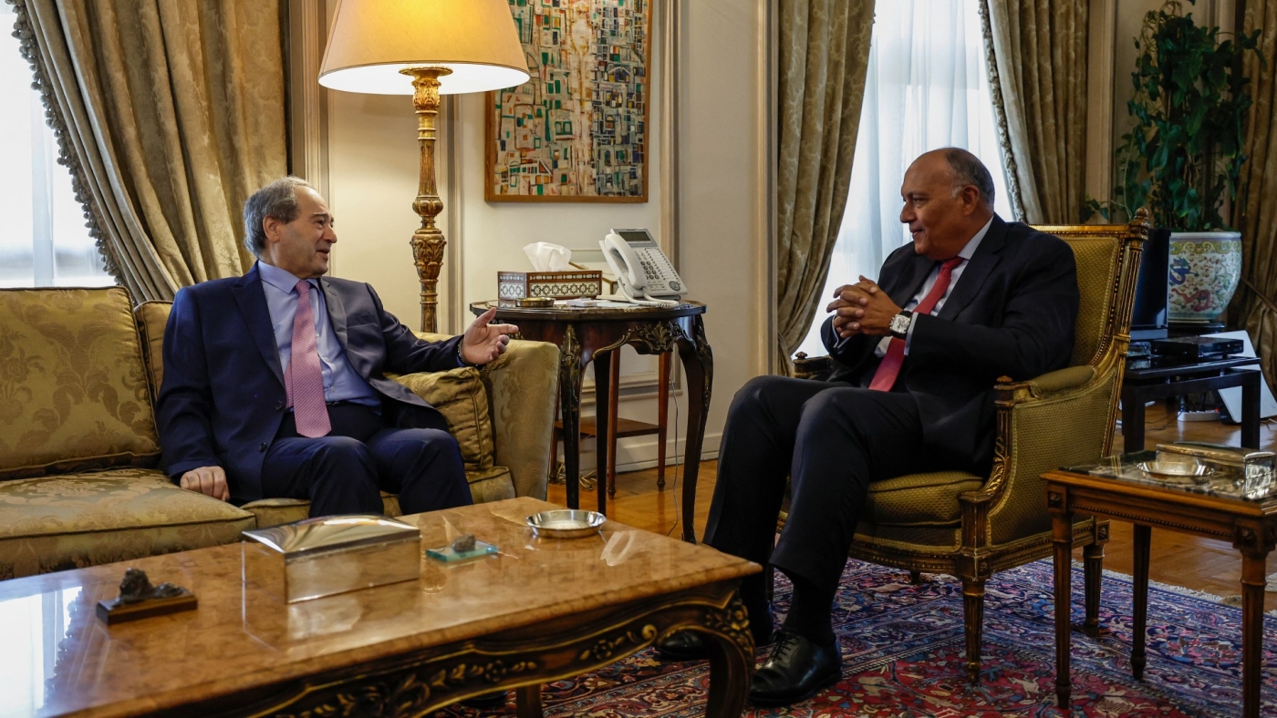 Egyptian Foreign Minister Sameh Shoukry (R) meets with his Syrian counterpart Faisal Mekdad at the ministry headquarters in Cairo on 1 April 2023 (AFP)