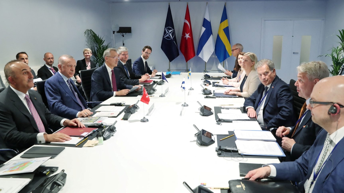 Turkish President Tayyip Erdogan meets with Nato Secretary General Jens Stoltenberg, Finland's President Sauli Niinisto and Swedish Prime Minister Magdalena Andersson ahead of a Nato summit in Madrid, Spain on 28 June 2022.