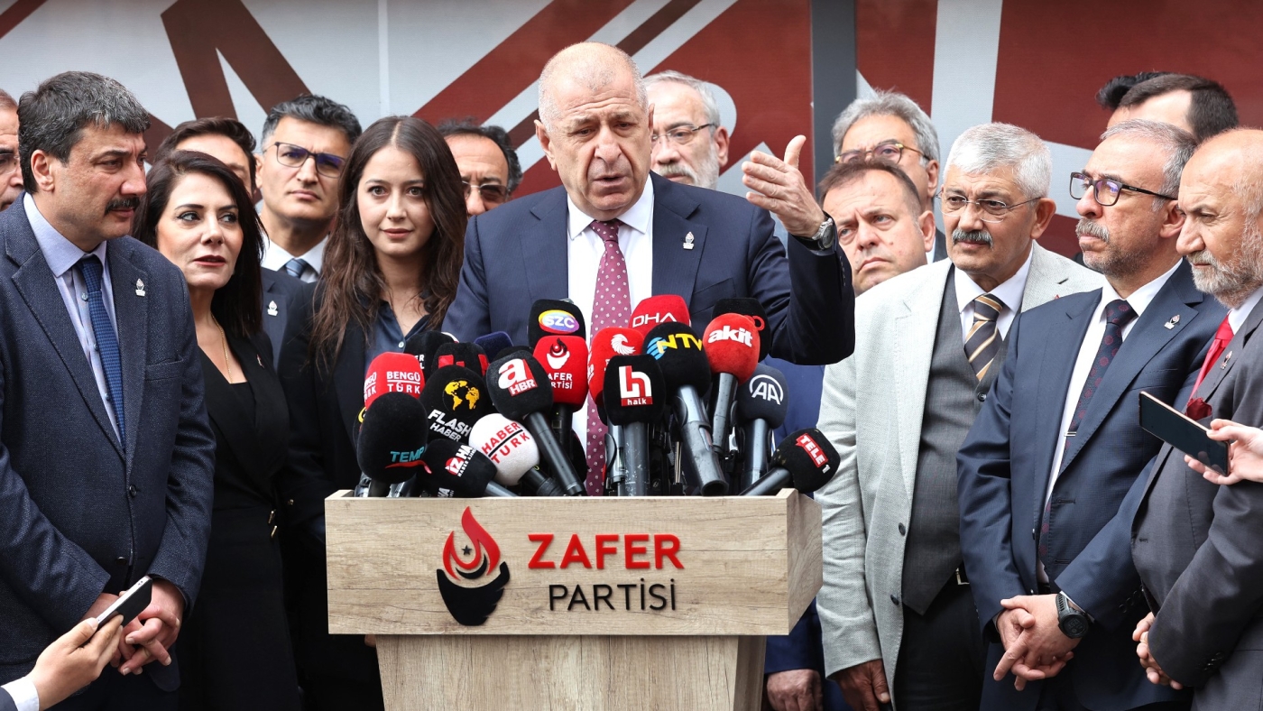Far-right Victory Party leader Umit Ozdag delivers a press conference at his party's headquarters in Ankara on 23 May 2023 (AFP)