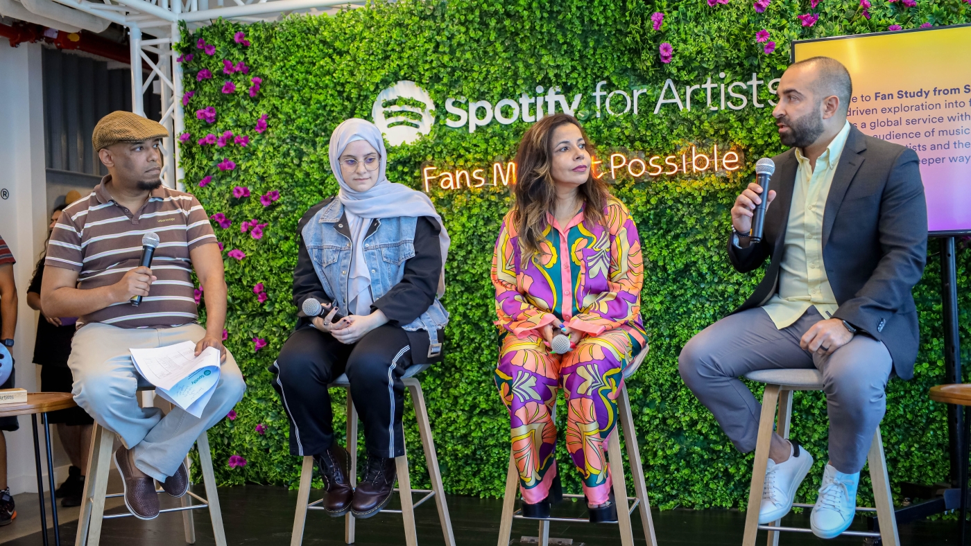 From left: Saeed Saeed of The National, UAE-based Syrian artist Ghaliaa,  A&R and Marketing Director at Sony Music Entertainment Middle East Karima Damir, and Mark Abou Jaoude, Head of Music for MENA and South Asia (excluding India) at Spotify. (Photo/Spotify)