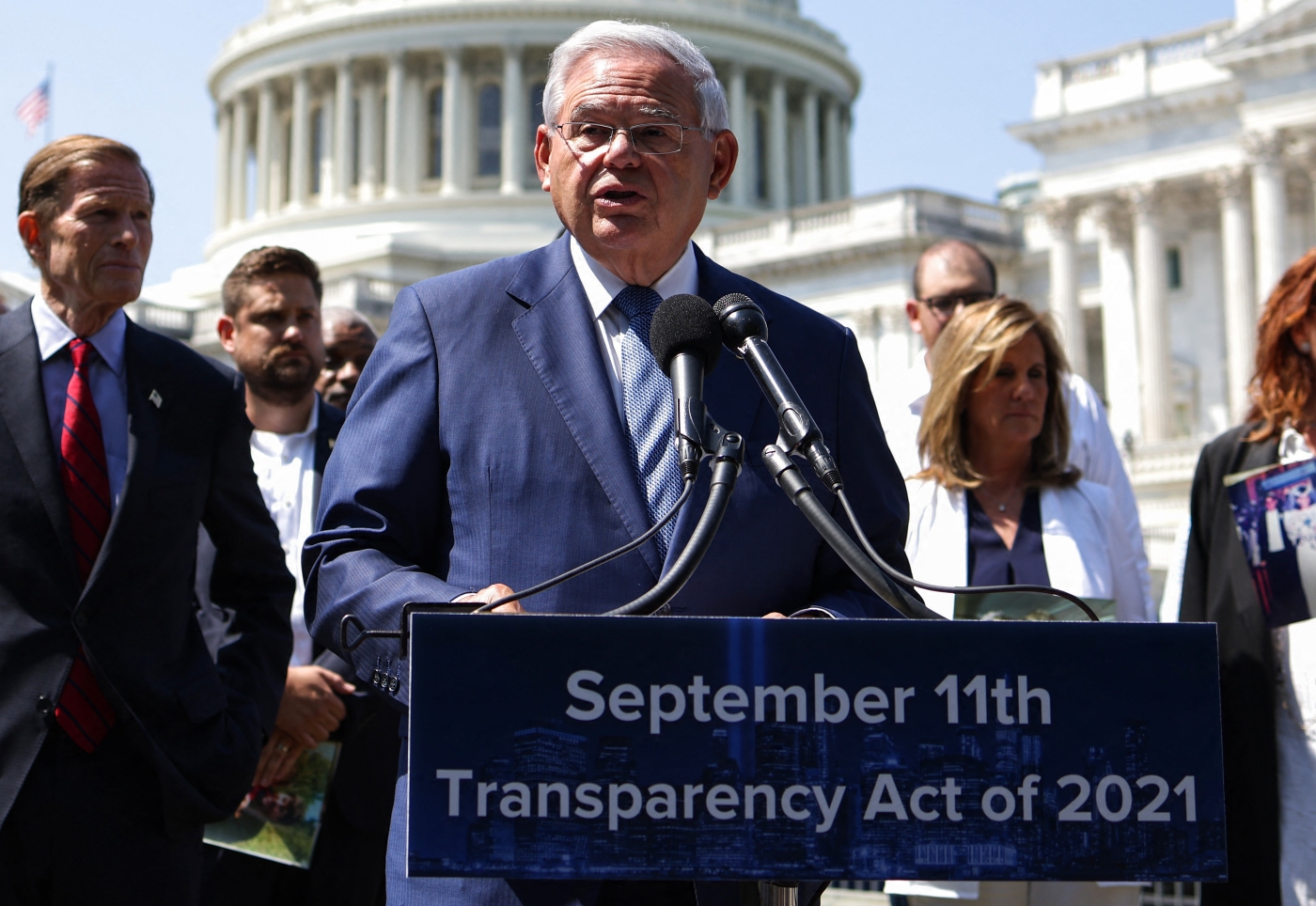 Senator Bob Menendez speaks at a press conference at the Capitol Building on 5 August 2021 in Washington.
