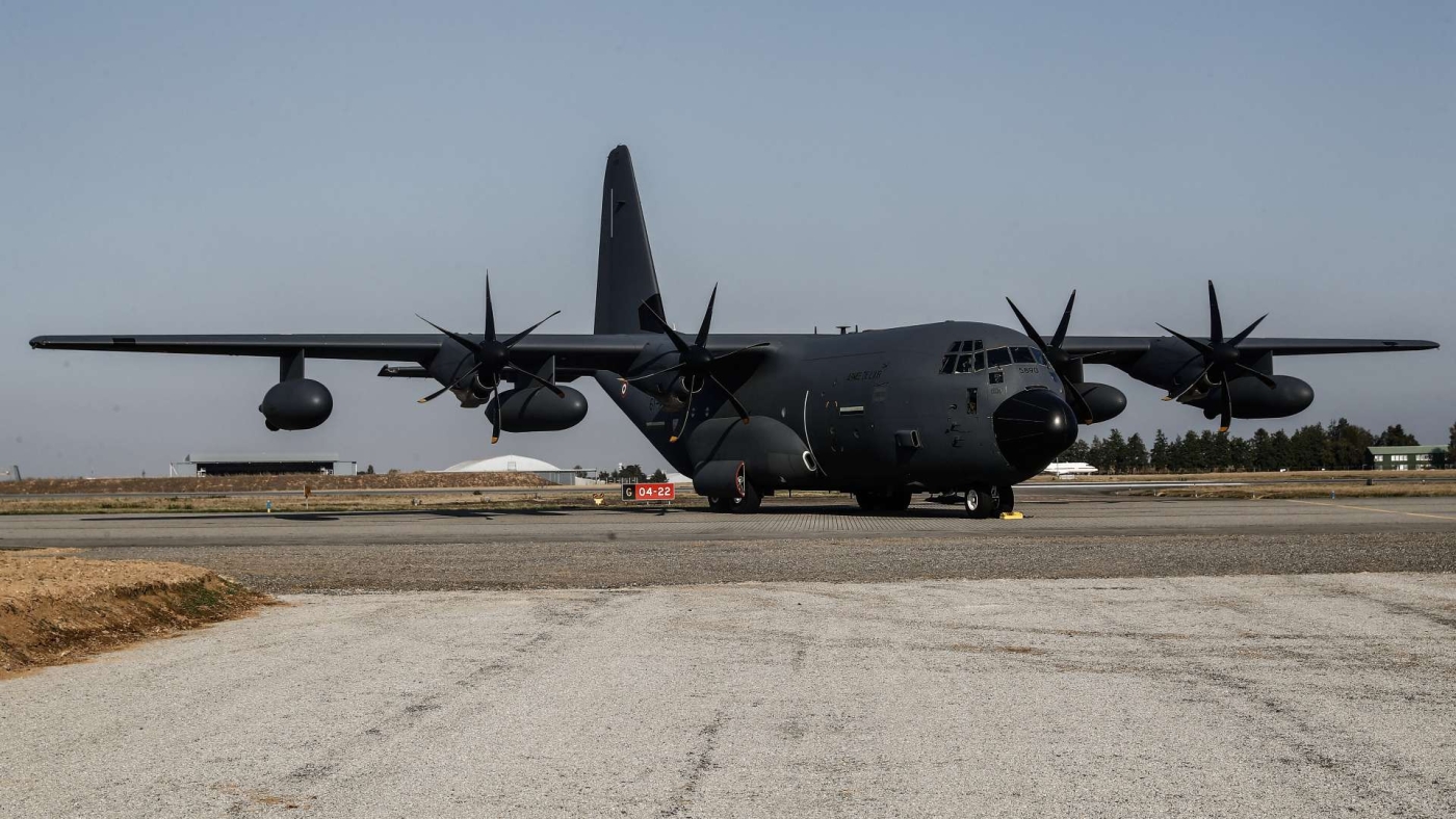 A Lockheed C-130J cargo plane at the French airbase 105 in Evreux, northwest France, on 17 September 2020.
