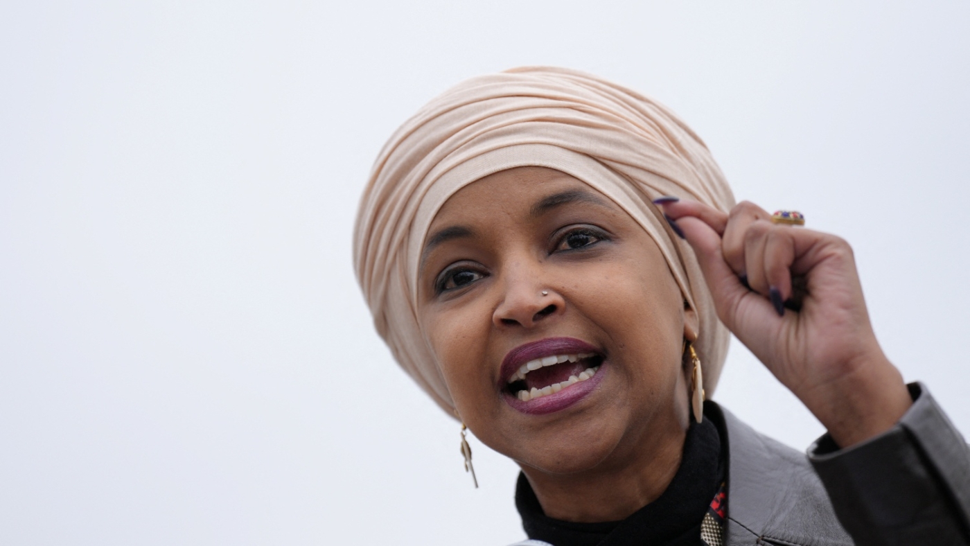 Ilhan Omar speaks to supporters of student loan debt relief in front of the Supreme Court  on 28 February 2023.