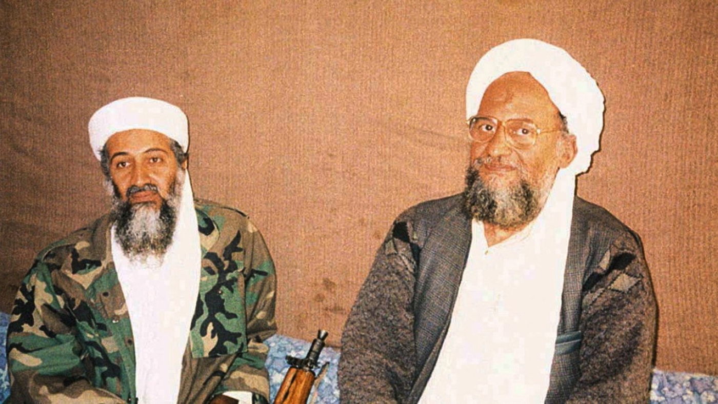 Osama bin Laden sits with Ayman al-Zawahiri (R) during an interview with Pakistani journalist Hamid Mir (not pictured) in an image supplied by Dawn newspaper on 10 November 2001.