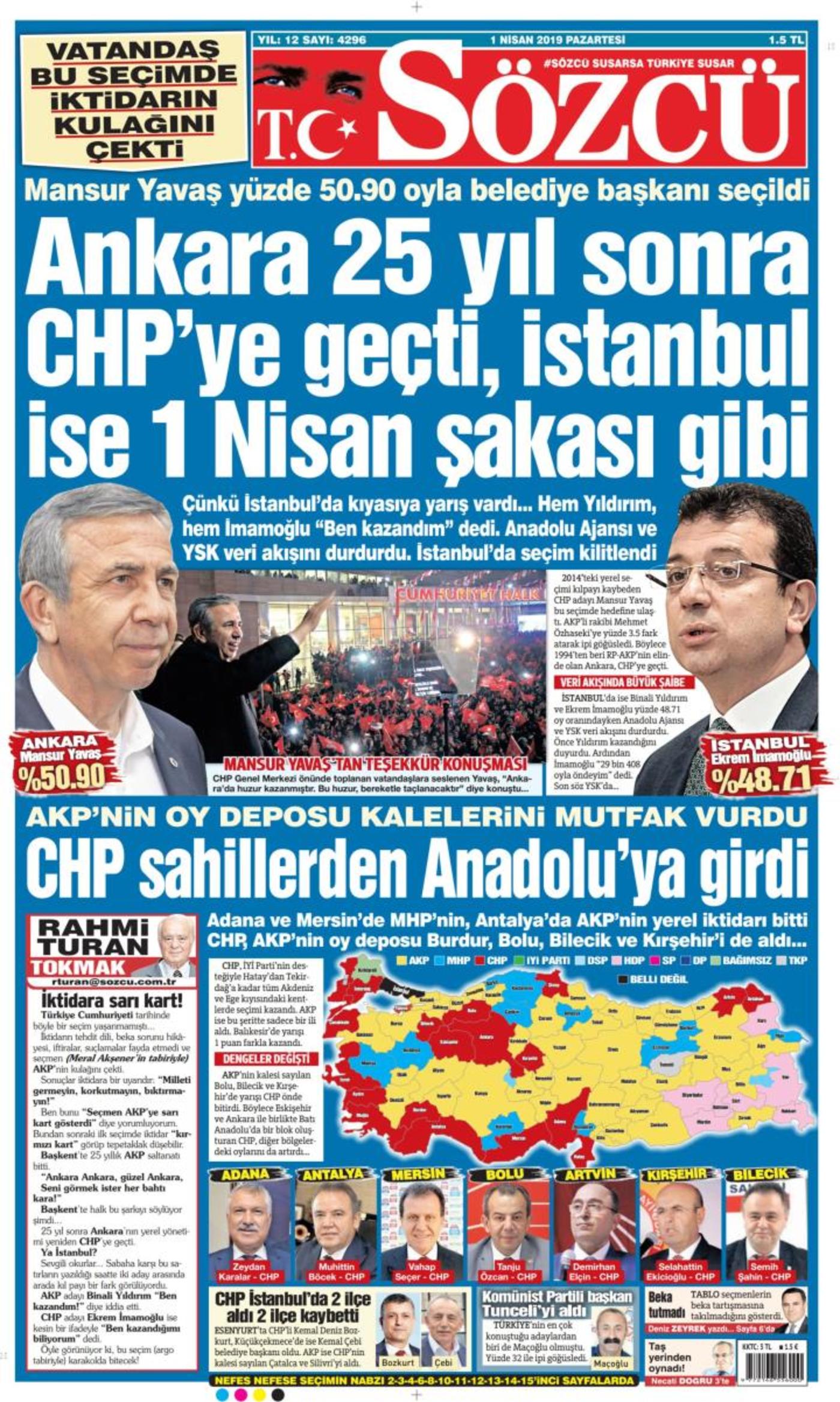 Sozcu daily front page following local elections in Turkey