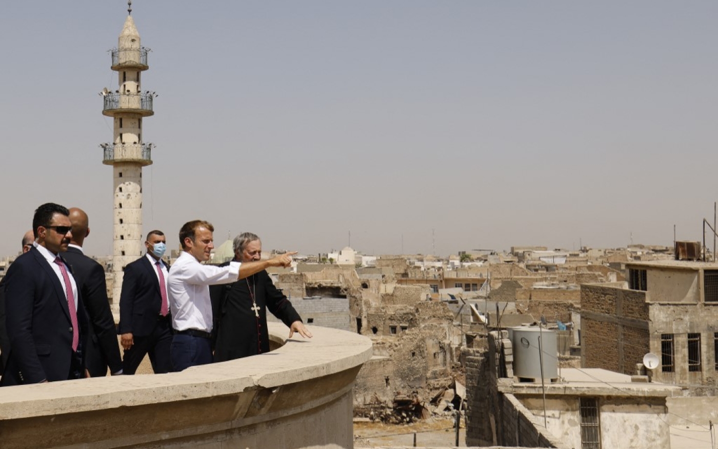 Le président français Emmanuel Macron lors de sa visite à Mossoul, le 29 août 2021 (AFP/Ludovic Marin)