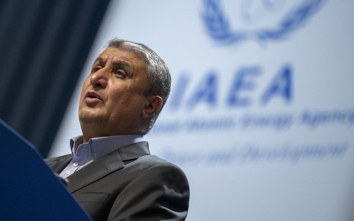 Mohammad Eslami, directeur de l’Organisation de l’énergie atomique d’Iran, prend la parole lors de la conférence générale de l’AIEA à Vienne (Autriche), le 20 septembre 2021 (AFP)