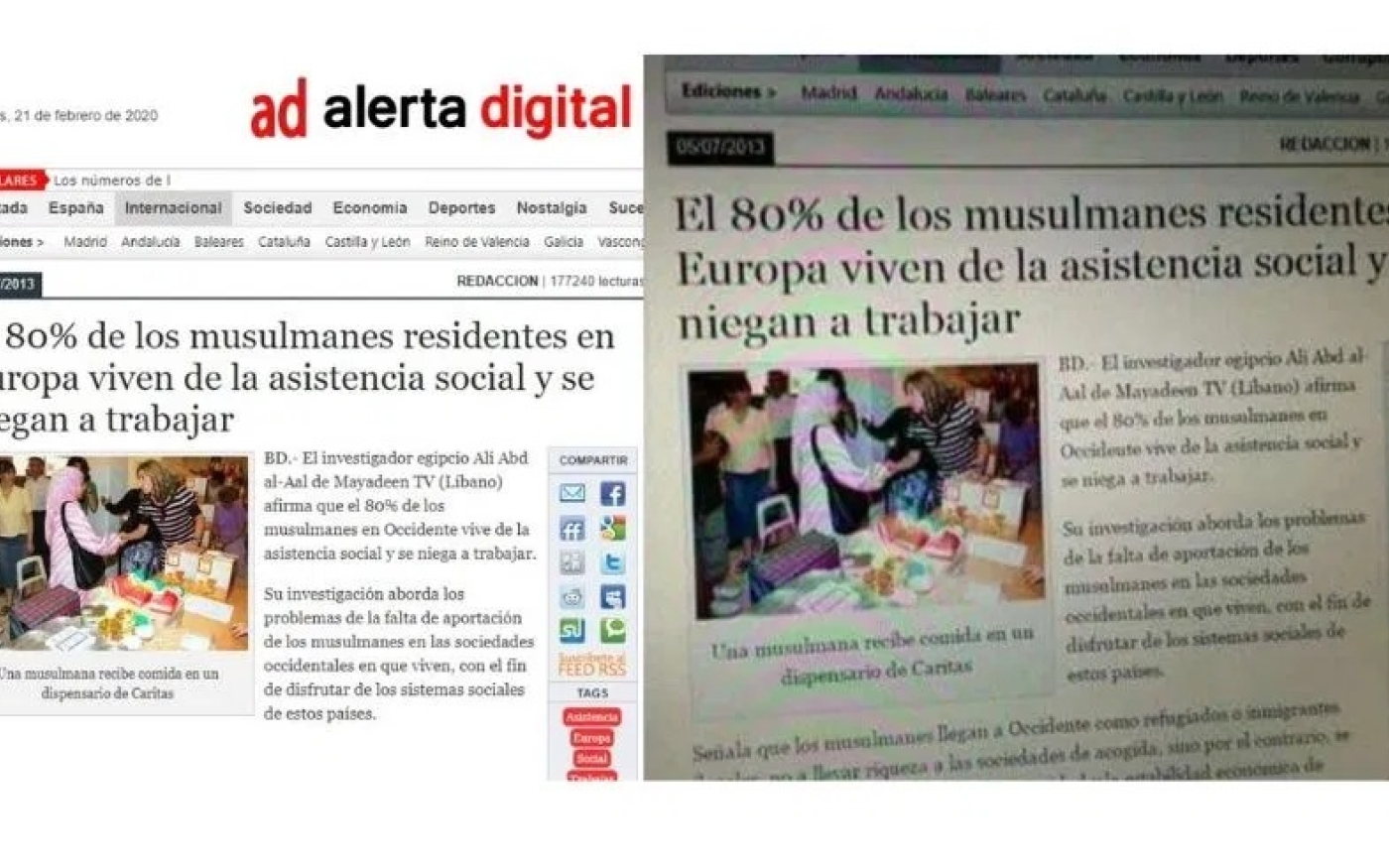 Capture d’écran montrant une fake news affirmant que 80 % des Arabes en Europe vivent des aides sociales (fourni par Maldita)