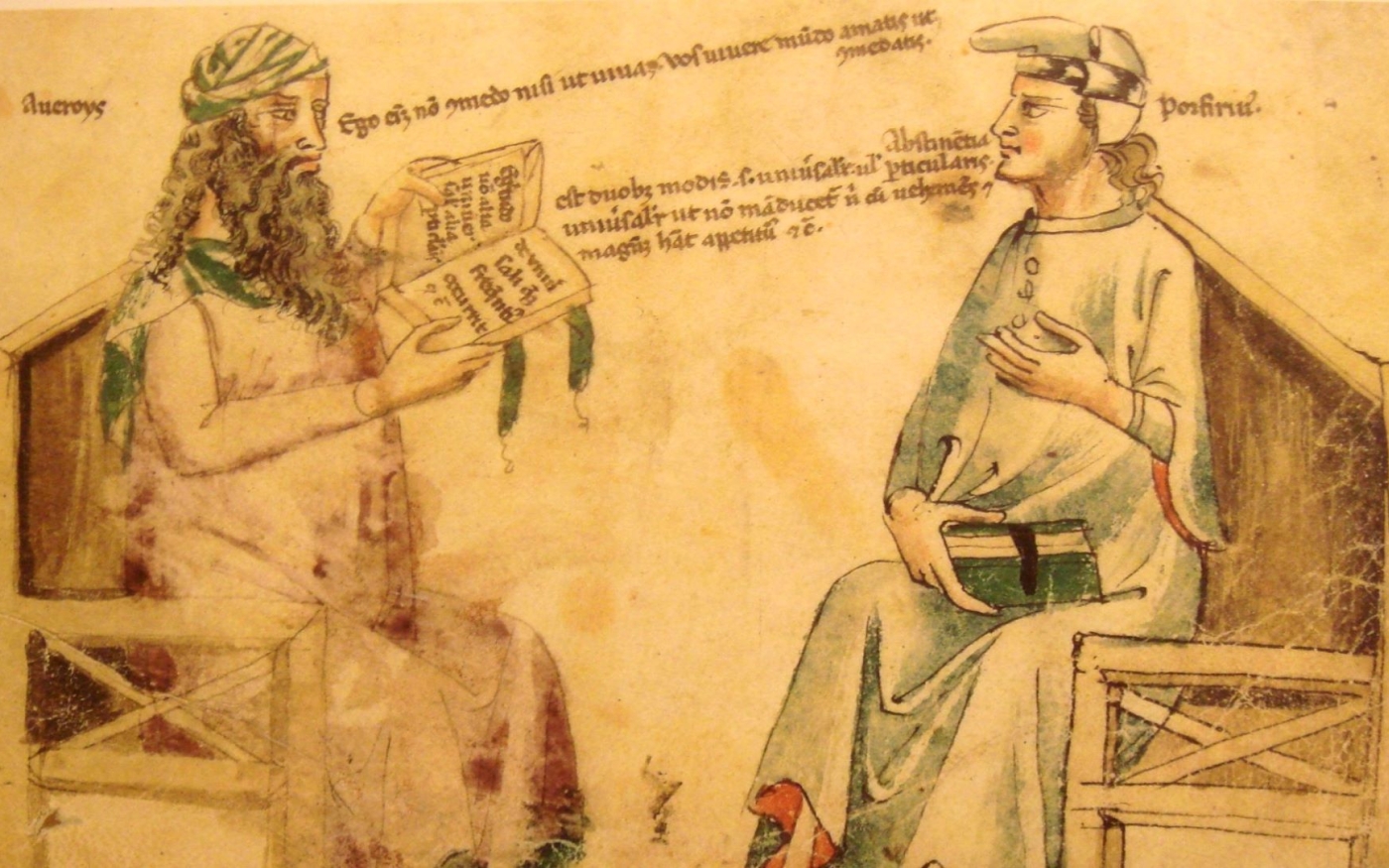 Illustration latine du XIVe siècle montrant Ibn Rochd (à gauche) en conversation avec Porphyre, philosophe romano-syrien du IIIe siècle (domaine public)