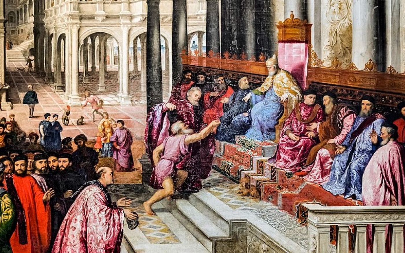 Un tapis mamelouk est représenté dans la toile de Pâris Bordone intitulée La Remise de l’anneau de saint Marc au doge Bartolomeo Gradenigo (Wikimedia)