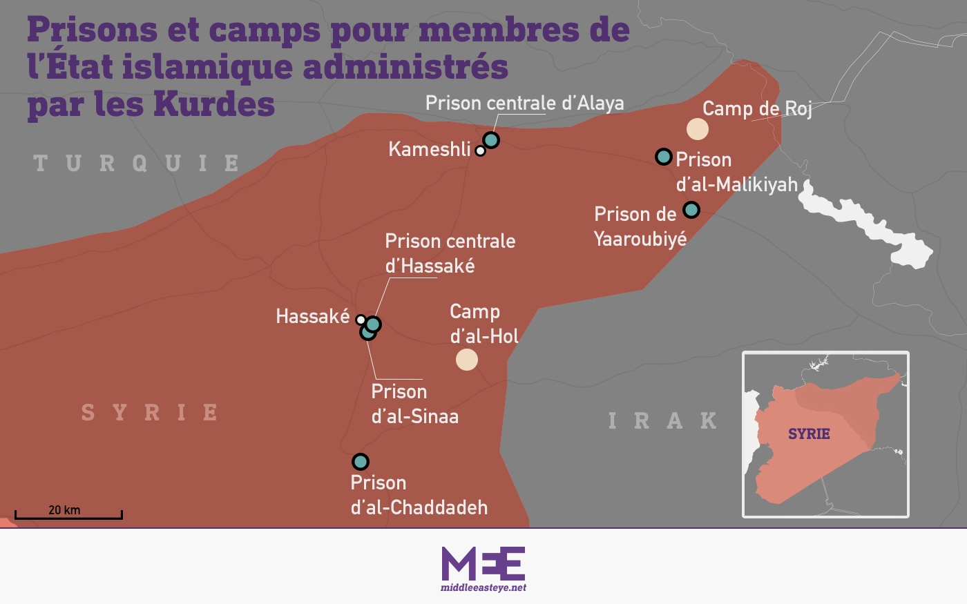 On compte environ 60 000 femmes et enfants dans les camps de Roj et al-Hol et 10 000 hommes et adolescents dans les prisons