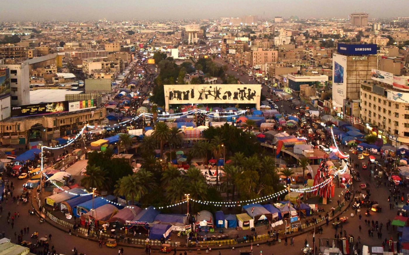 La place Tahrir, photographiée en février 2020, était l’épicentre du mouvement de protestation à Bagdad (MEE/Murtaja Jasim)