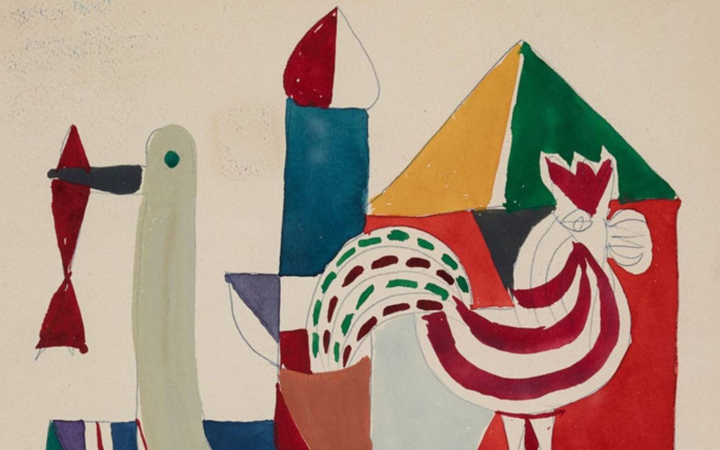 Composition abstraite avec coq (1957), de Shakir Hassan al-Said, l’artiste irakien qui a cofondé la Société des amis des Arts de Bagdad en 1941 (domaine public)