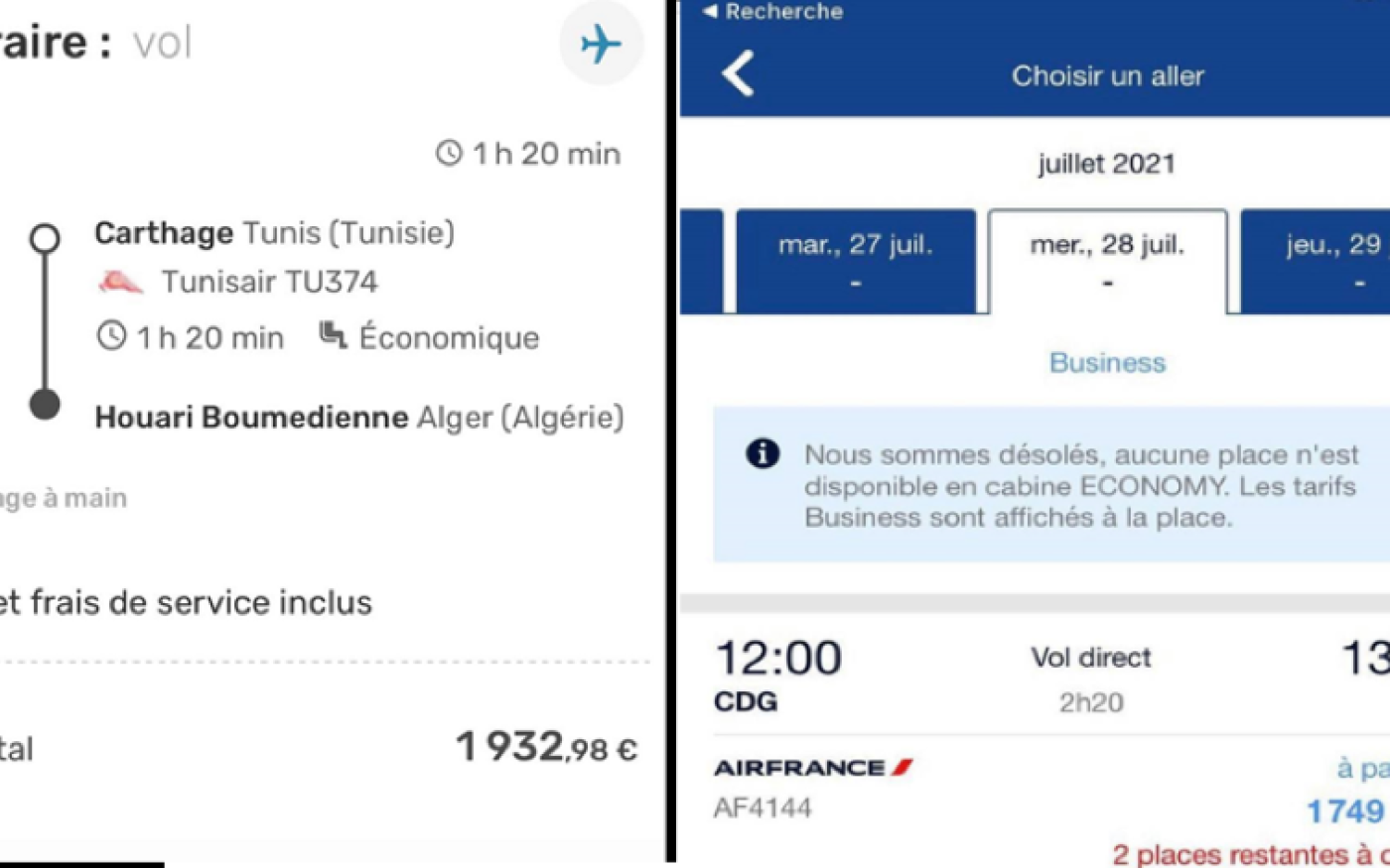 Captures d’écran des sites de réservation Tunis Air et Air France, partagées sur les pages Instagram El Fayçal et Algerian Aviation Information