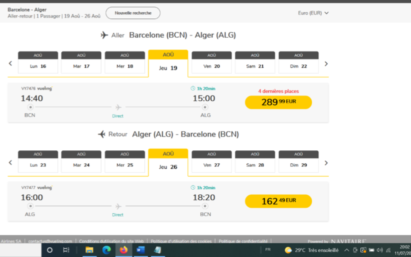 Capture d’écran datant du 11 juillet 2021 de la plateforme de réservation Vueling. L’autorisation des vols Vueling Barcelone-Alger par les autorités algériennes n’a eu lieu que le 5 août