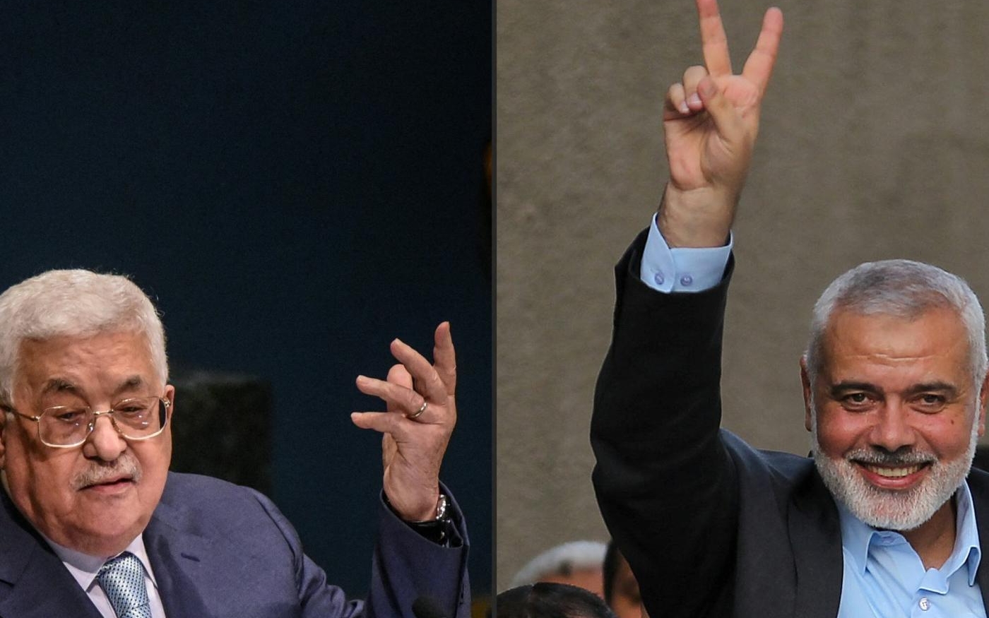 Cette combinaison d’images créée le 11 janvier 2019 montre le président palestinien Mahmoud Abbas (à gauche) et le dirigeant du Hamas Ismaël Haniyeh (AFP)