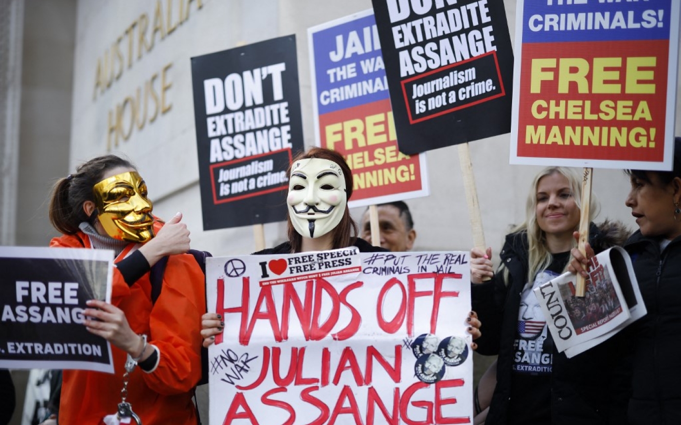 Manifestation devant Australia House à Londres, en soutien au fondateur de WikiLeaks Julian Assange, le 22 février 2020 (AFP)
