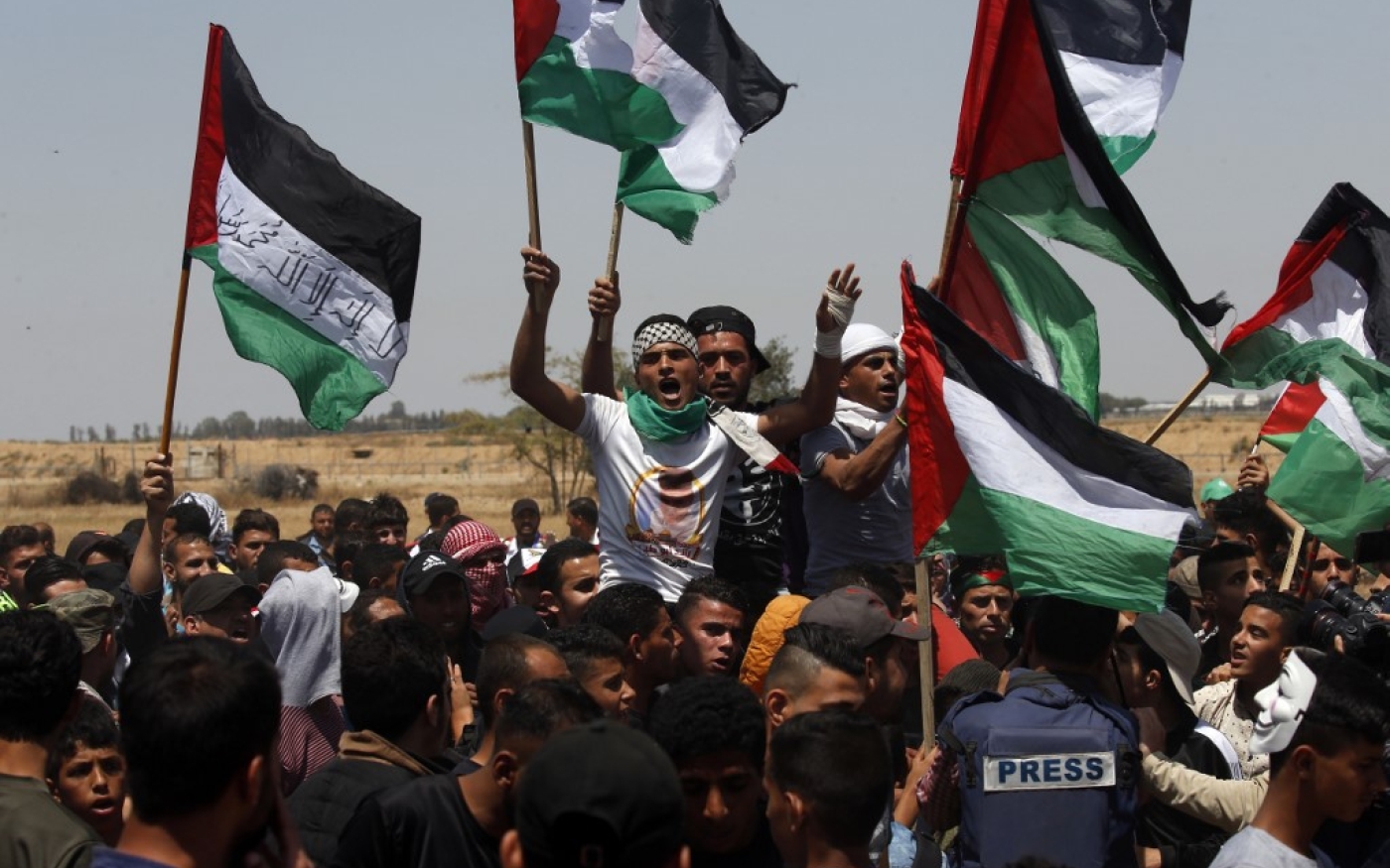 Des Palestiniens du sud de Gaza célèbrent l’anniversaire de la Nakba en mai 2019 (AFP)