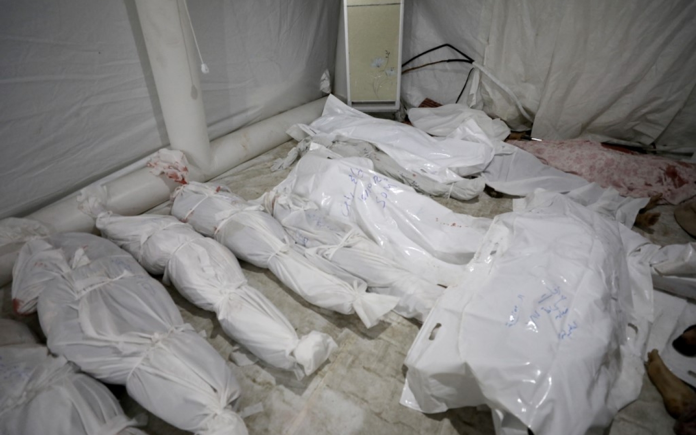 Les corps des victimes de la frappe, le 17 octobre 2023, ont été placés sous une tente faute de morgue fonctionnelle (AFP/Dawood Nemer)