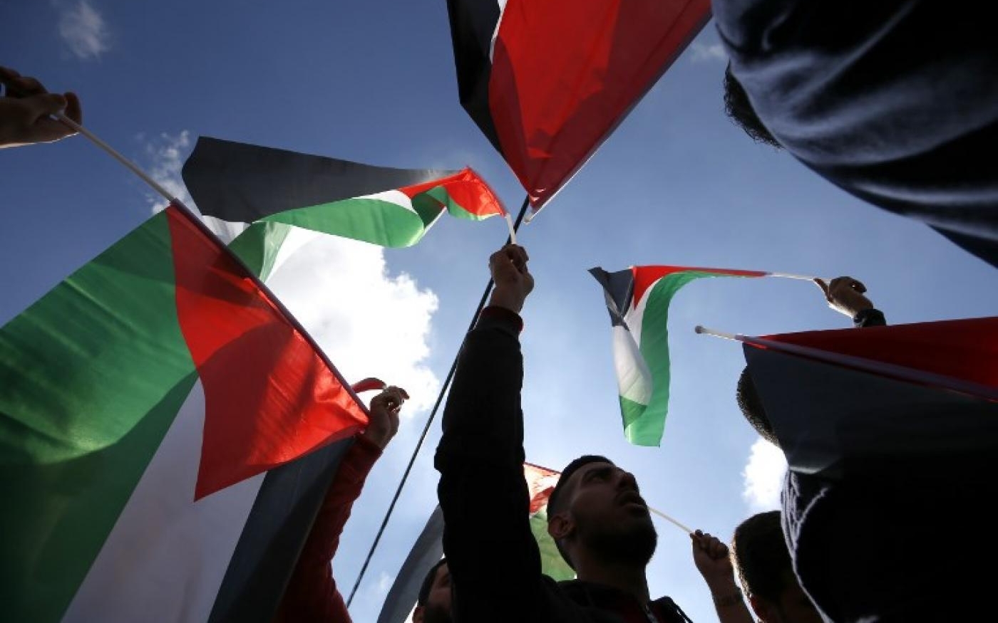 Des Palestiniens brandissent leur drapeau national à Ramallah, en novembre 2018 (AFP)