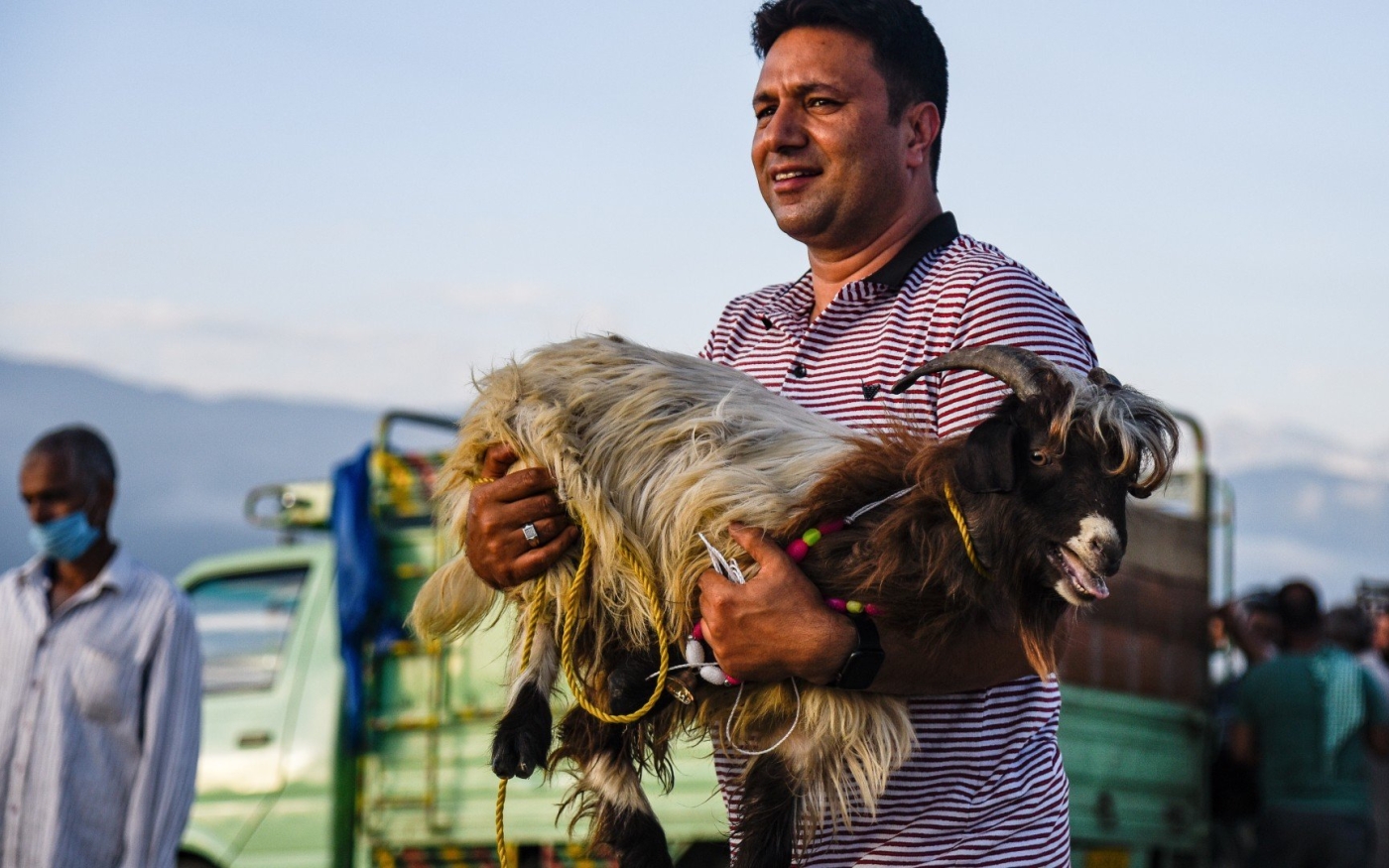 Un homme photographié en train de porter un animal qui sera sacrifié avant l’Aïd al-Adha, en Inde (Reuters)
