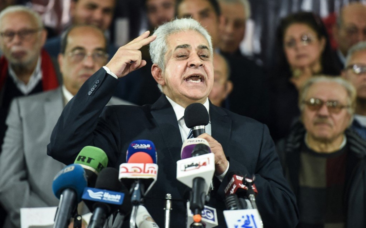 L’homme politique égyptien Hamdine Sabahi prend la parole en 2018 au Caire (AFP)