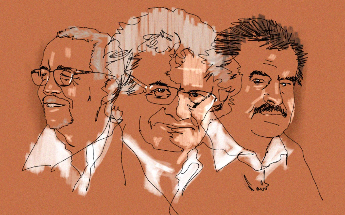 Portraits des trois romanciers arabes (de gauche à droite) Yasmina Khadra, Amin Maalouf et Walid Saif (illustration : Saad)