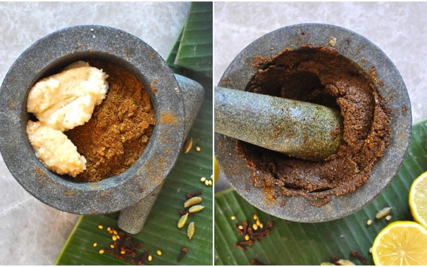 Mélangez et broyez les épices du baharat dans un mortier à l’aide d’un pilon (@dinewithdina/Instagram)