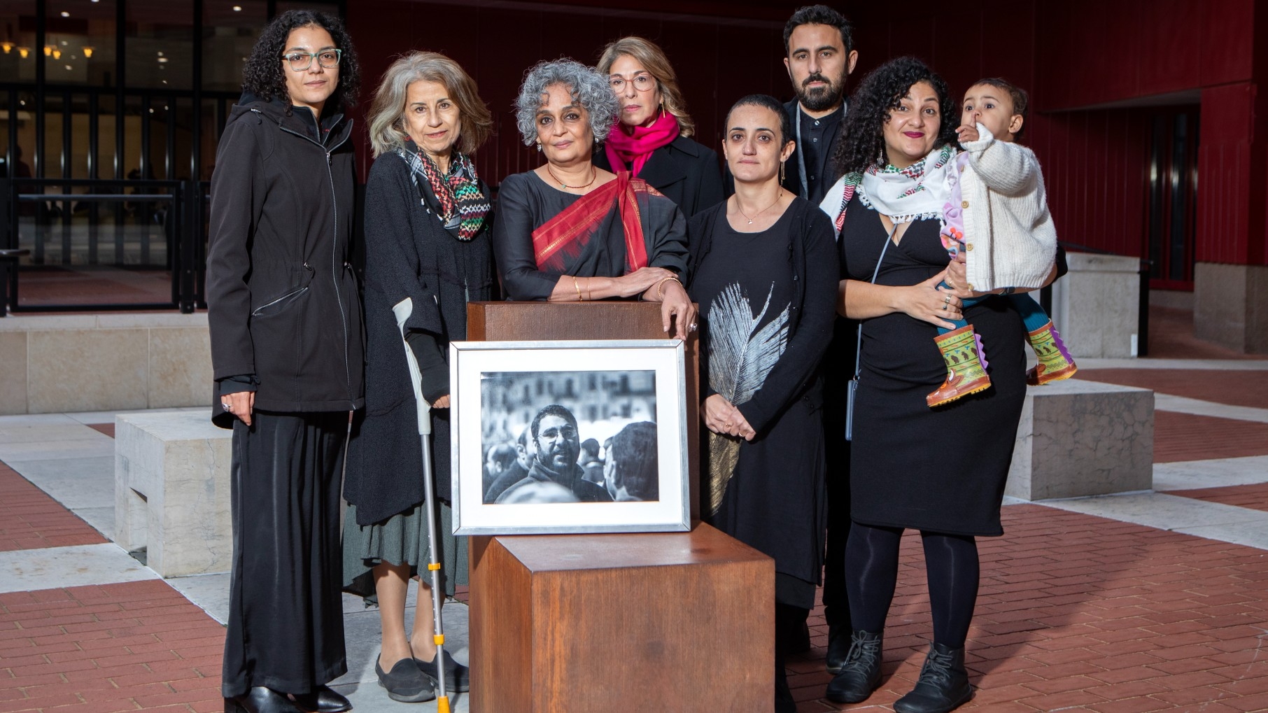 Indian author and activist Arundhati Roy (c) pictured with Abd el-Fattah's family and friends on Thursday 10 October, at the British Library in London (George Torode/Supplied)