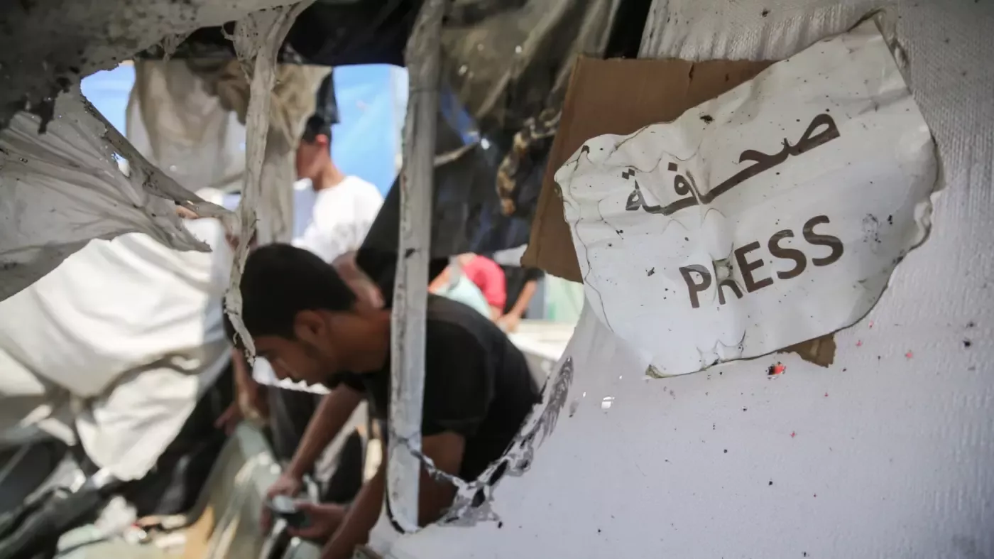 The journalists's tent in al-Aqsa Martyrs Hospital in Deir al-Balah, central Gaza following an Israeli strike on 22 July, 2024 (Mohammed al-Hajjar/MEE)