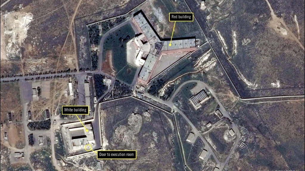 Satellite image released by the French National Space Study Centre (CNES) on 7 February 2017 of Syria's Sednaya prison, showing the execution wing (AFP)