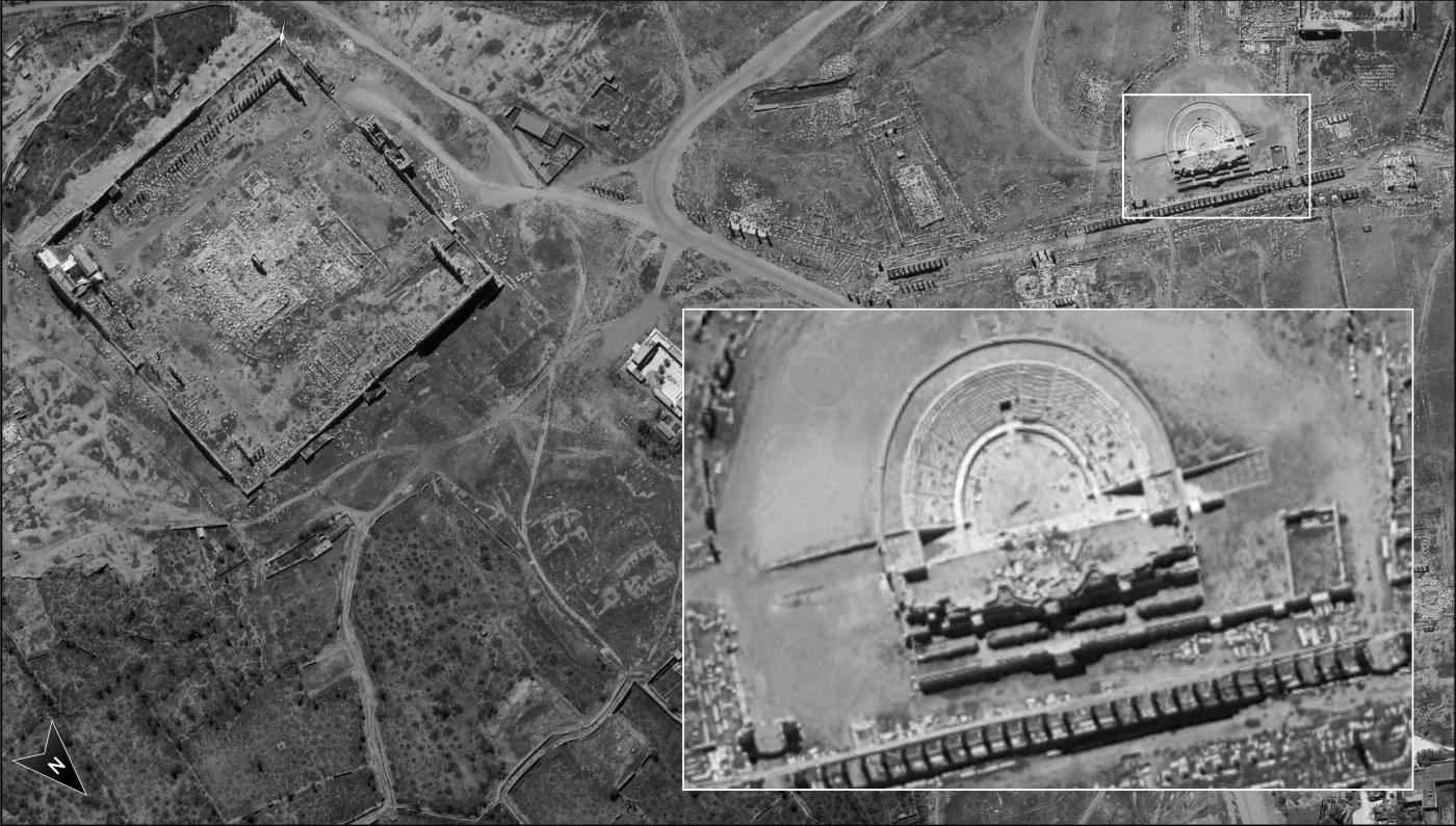 Image satellite non datée publiée par le ministère israélien de la Défense, prise par le nouveau satellite de reconnaissance Ofek (Horizon) 16, montrant le théâtre romain endommagé de la cité antique de Palmyre, dans le centre de la Syrie (AFP)
